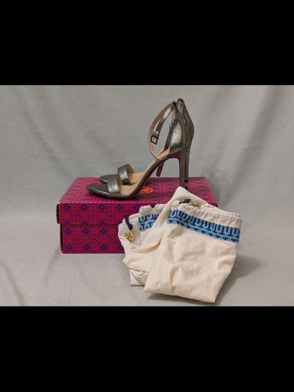 Tory Burch Keri 100mm Sandal Pewter Micro Craq Metallic Stiletto Heel Size 8